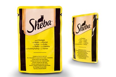 Empaque flexible multicapa para bolsas de comida para gatos de la marca Sheba.