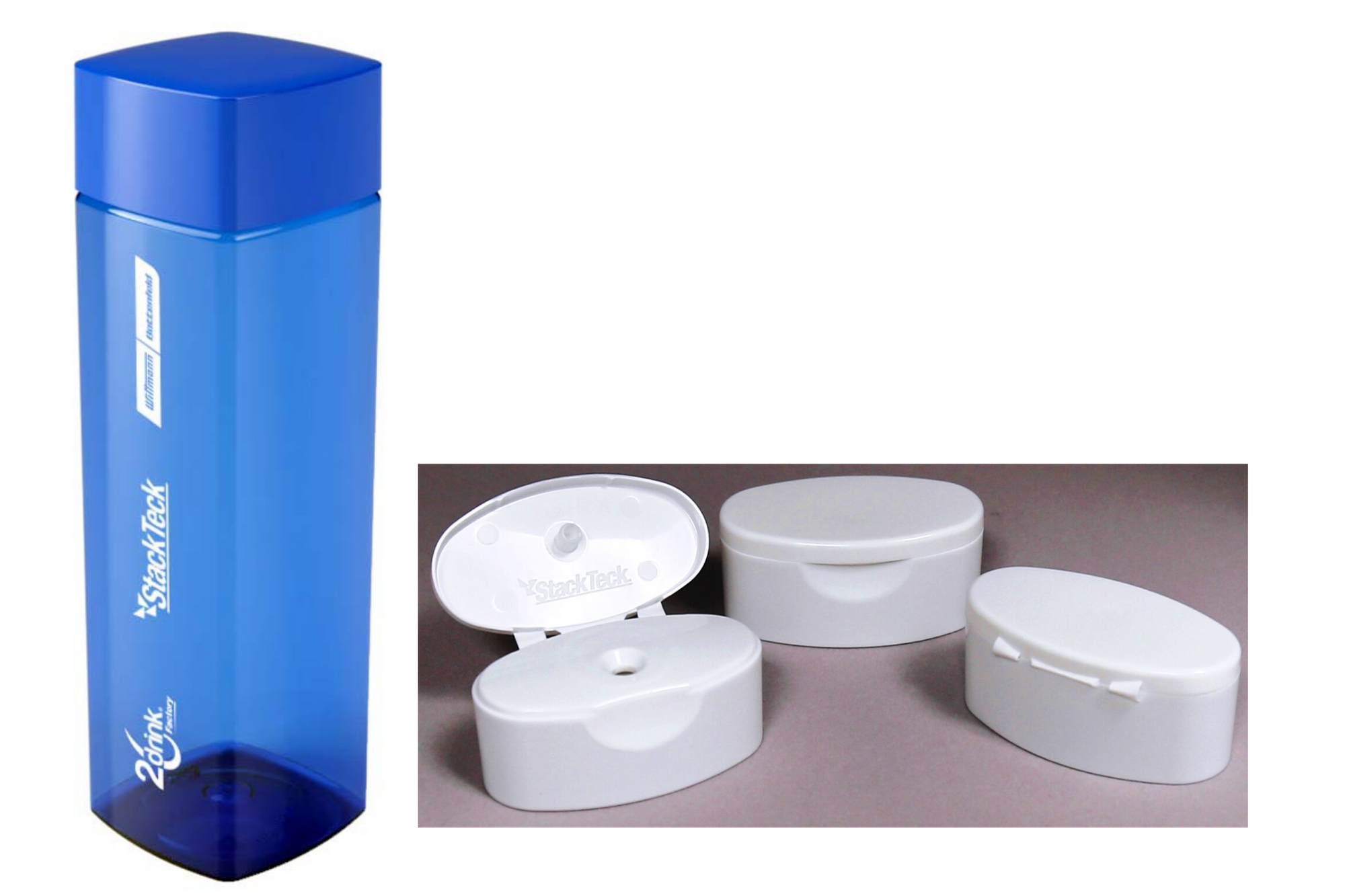 Tapa cuadrada con botella de muestra y muestras de tapa Flip-Top que se fabricaron con moldes StackTeck en Expo Plásticos 2021.