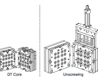 Los moldes de núcleos plegables Dove Tail (izquierda) son más simples y compactos.