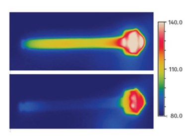 Termogramas infrarrojos de una pieza de nylon clara para uso médico. La pieza se enfría con LCO2, lo que reduce el tiempo de desmoldeo. Las cuatro imágenes muestran el proceso de desmoldeo desde diferentes ángulos.