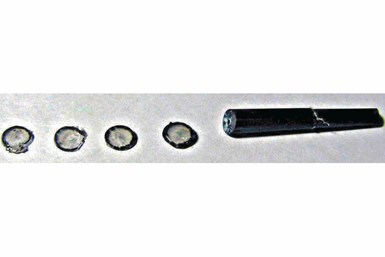 Fig. 4 Este es un estudio de purga, pasando de negro a transparente. Obsérvese que el anillo exterior del bebedero es negro y que el canal de flujo interior resulta perfectamente transparente. Esta imagen muestra el flujo de arrastre a través de la punta de una boquilla GP.