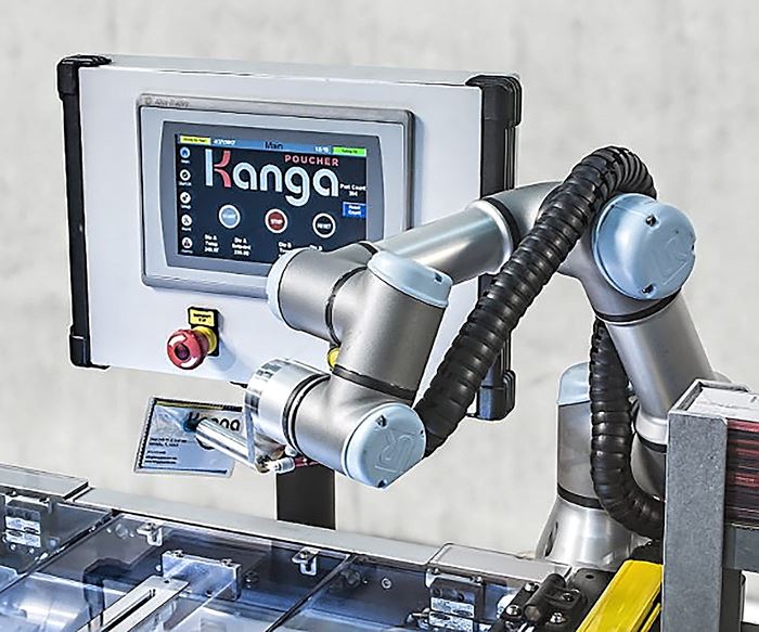 Universal Robots cobot feeds product into Kanga Poucher
