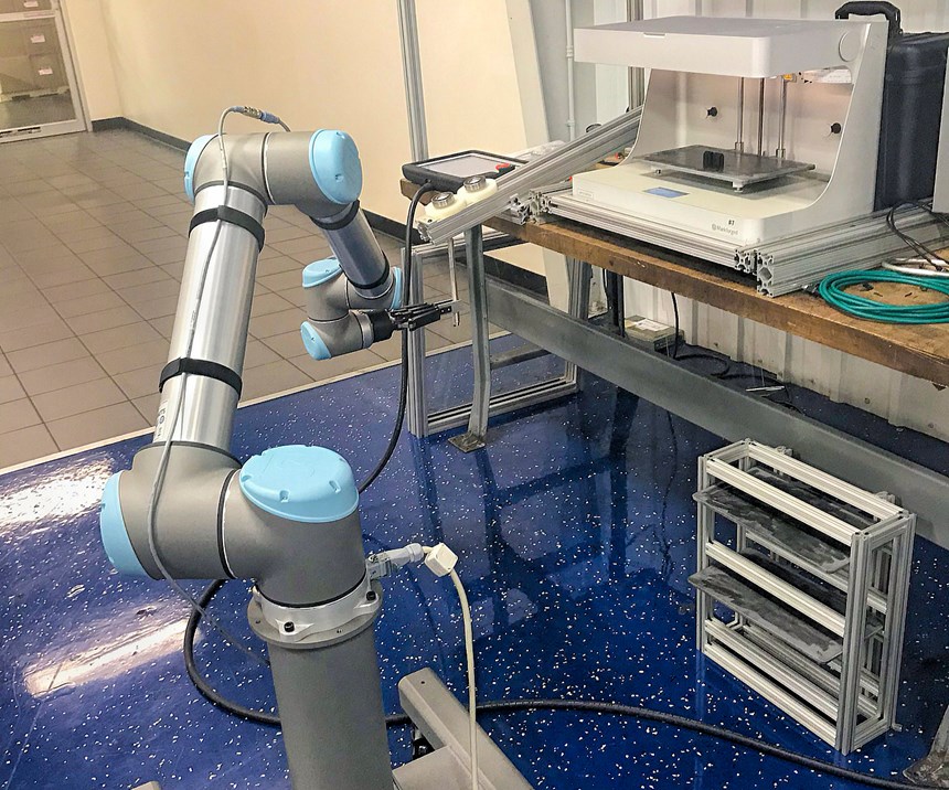 EVCO is applying UR cobots to tasks from insert loading, assembly and packaging to tending its 3D printers, as in this test cell.