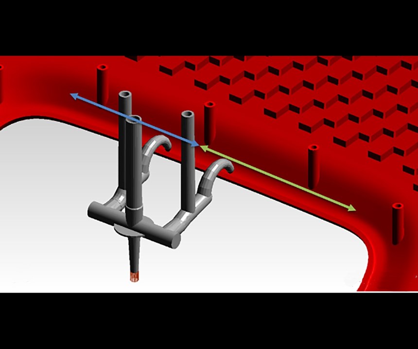 两个栅极沿着热塑性薄壁部件的现有肋位于直线。路径显示为沿部件的每个栅极的允许位置。