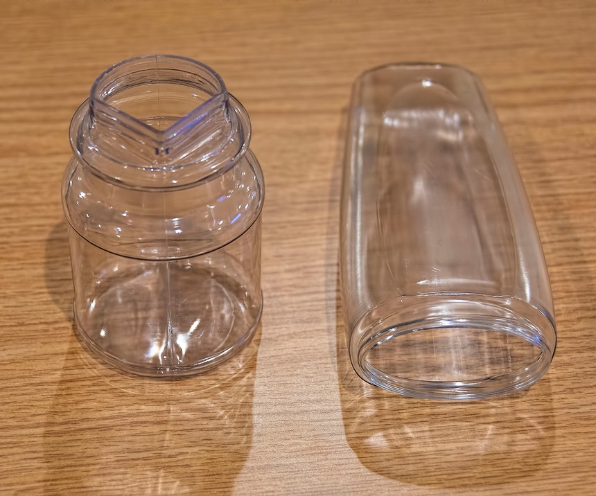 These EPET bottles with unusually shaped calibrated necks are other examples of MSA’s pushing the envelope in this new field.