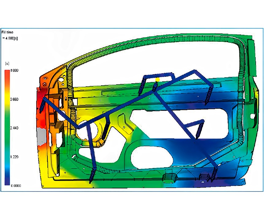 This flow simulation was completed before the switch from gas assist to water injection. Some filling problems with gas are evident at the left side of the part.