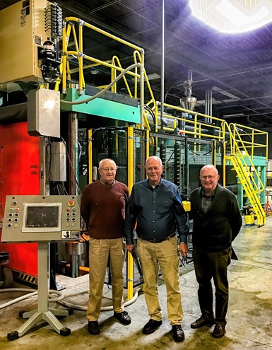 Over 100 years of experience: L. to R.: Wilmington’s Ken Bealer, chief mechanical engineer; Russ La Belle, president; and John Allred, v.p. of technology, beside a new vertical press.