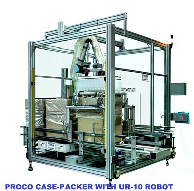 Proco Machinery’s Robo Packer has an integrated UR10 cobot. The case packer is an integrated packaging module that also includes infeed conveyor and box conveyor mounted onto a movable sub-frame.