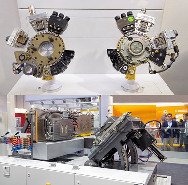 Staubli showed off new a quick-change device for six-axis EOAT (top) and a new mold-maintenance cart for its automated QMC system (bottom).