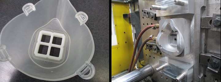 Harbec converted the reusable Buffalo BE Crisis Mask from 3D printed plastic to injection molding for higher volume production. Harbec used the opportunity to try 3D printing its first aluminum mold with conformal cooling. (Photos: Harbec)
