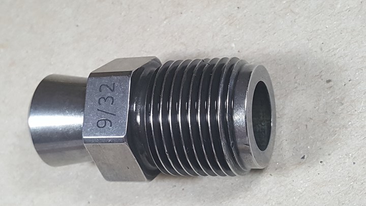 IMC nozzle tips are made of 420 stainless steel, which is harder than the typical H-13 steel. A simple but helpful added feature is the orifice diameter engraved on the wrench flat, unlike most nozzle tips, so no measuring tool is required.