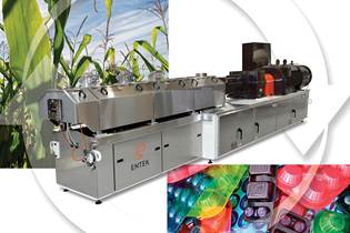 extrusion machine superimposed with a cycle icon and images of corn crops and plastic food trays
