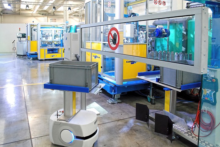 An Omron AMR (autonomous mobile robot) removed boxes of finished products from conveyor to storage.