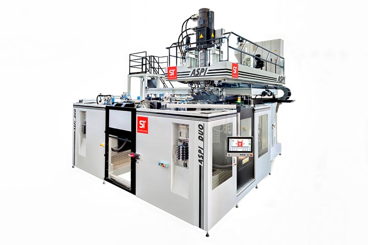 Two dual-head ASPI Duo machines for 3D suction-blow molding of complex automotive pipes and ducts are operating in the U.S. They are capable of multilayer or sequential coextrusion.