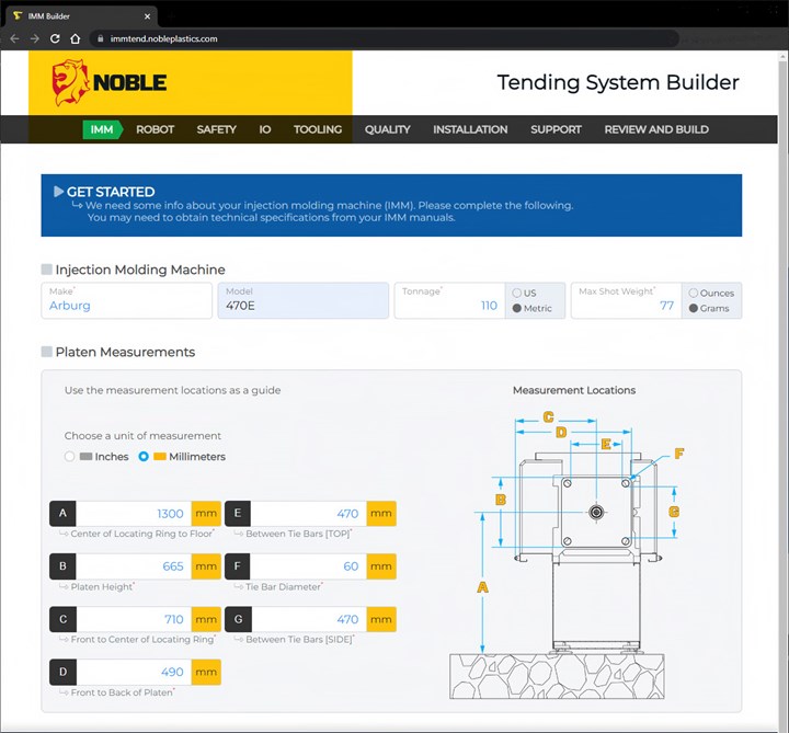 Noble Plastics’ new online configurator includes suggestions to help the user choose the size of the robot and mounting on the floor or machine platen.