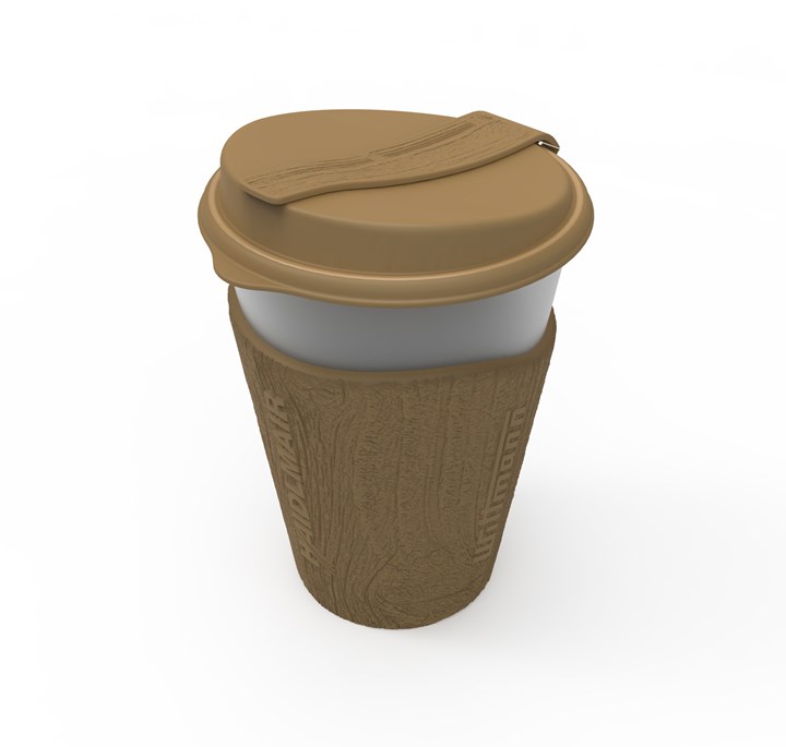 Los tres componentes de la taza de café reutilizable moldeada en la feria K 2022 por Wittmann provienen de PP renovable, y su espuma Cellmould reduce el material y añade propiedades aislantes a la taza