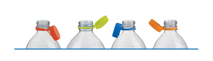Plastic bottles with tethered closures.