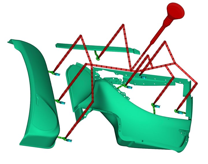 FIG 3 The Autodesk Moldflow simulation model for the automotive hot-runner family mold has eight servoelectric valve-gate nozzles.