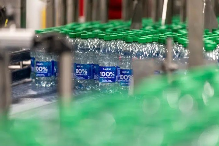 Water bottles on a conveyor. 