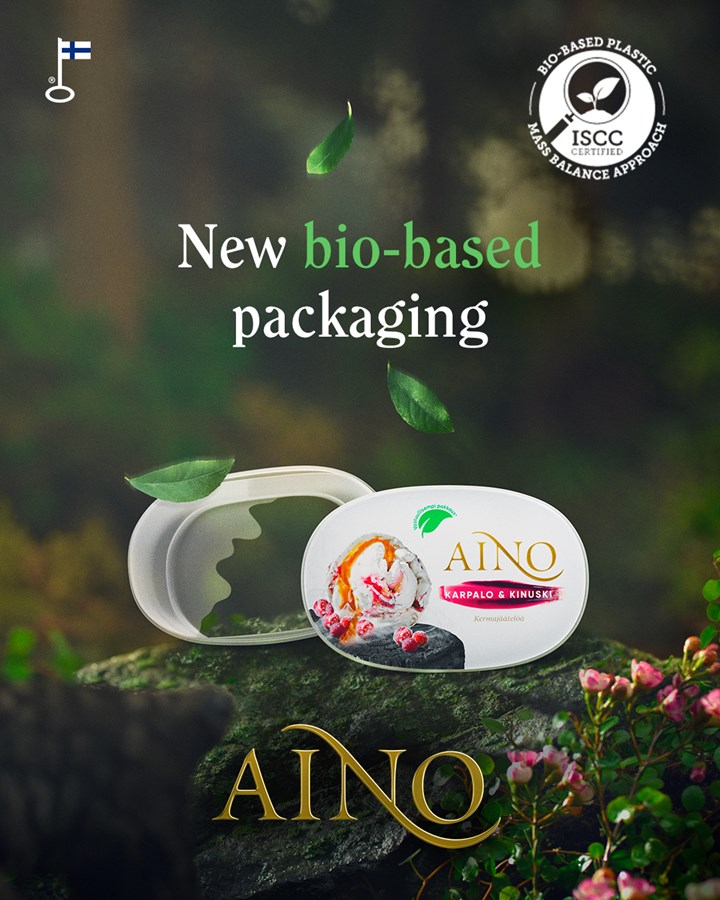 Aino ice cream packaging made with Borealis' renewable feedstock PP