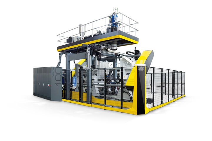 Bekum’s XBlow hybrid industrial machines (accumulator head or continuous extrusion) are distinguished by their new two-stage servohydraulic or hybrid-electric clamps with two diagonal tiebars and the special ability to be set from the operator panel for a wide range of mold thicknesses (patent pending).