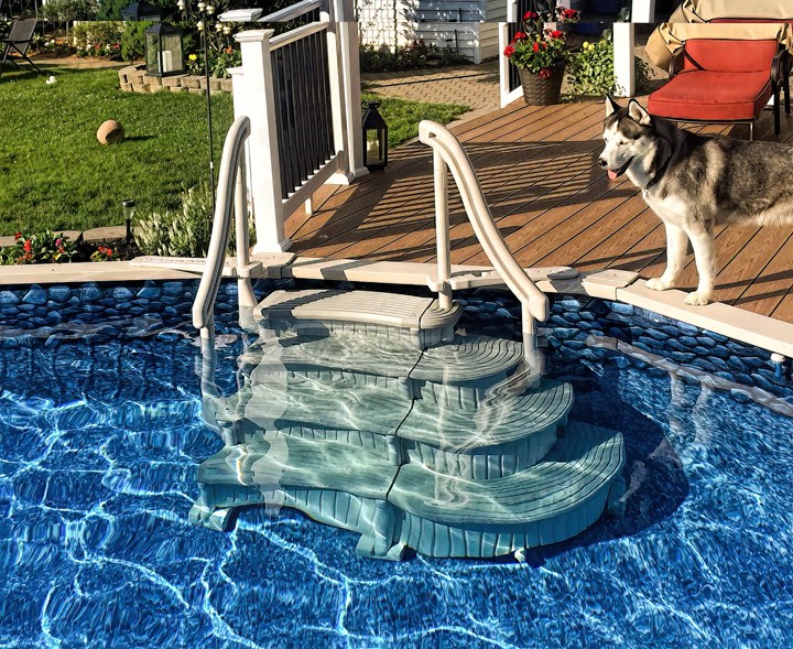 “We make products that allow families to get the most enjoyment out of their backyards” – such as these pool steps and ladders (see below).