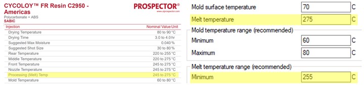 Moldflow temperature ranges vs. datasheet ranges