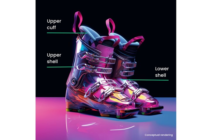 Ski boots showing applications of thermoset polyurethane. 