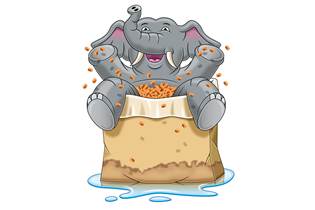 a cartoon elephant playing in a box of plastic orange pellets; the box is wet at the bottom