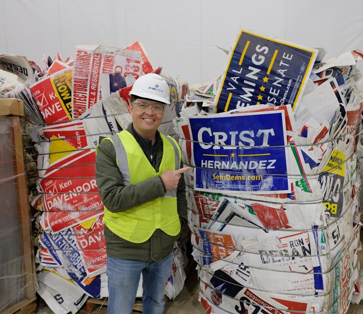 Bale of reclaimed yard signs. 