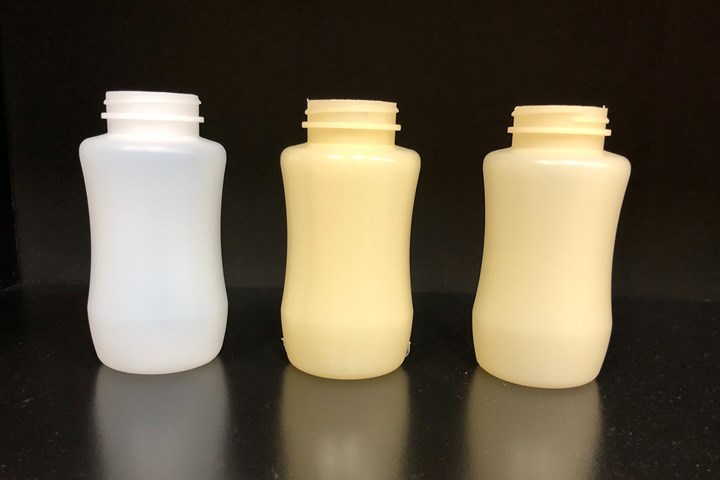 Three plastic molded bottles.
