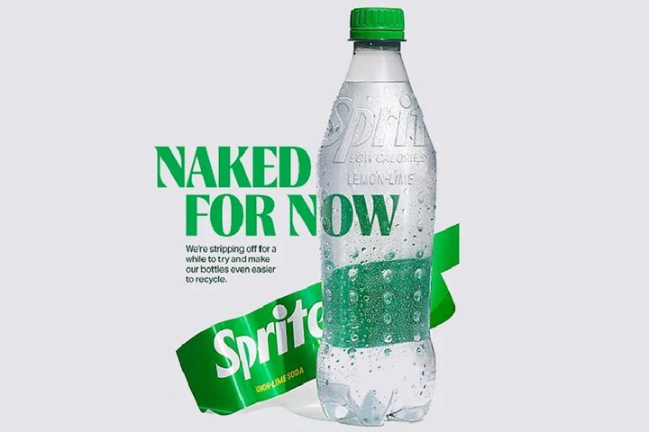 Clear label-less Sprite bottle with slogan Naked for Now.