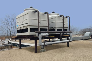 Two cooling towers roof mounted as part of a closed loop system.