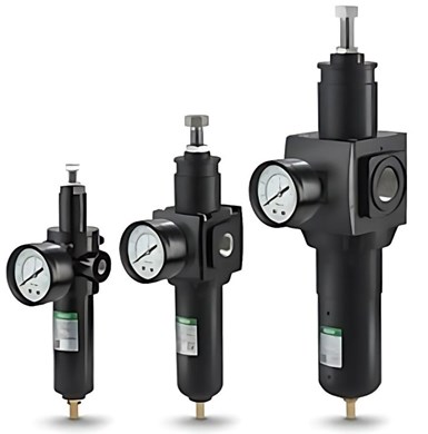 Image of 3 progressively larger black aluminum pressure regulators with dial faces