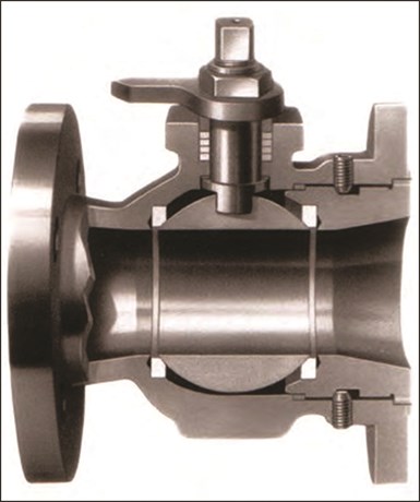 Cutaway of large ball valve with end entry for fluid direction.