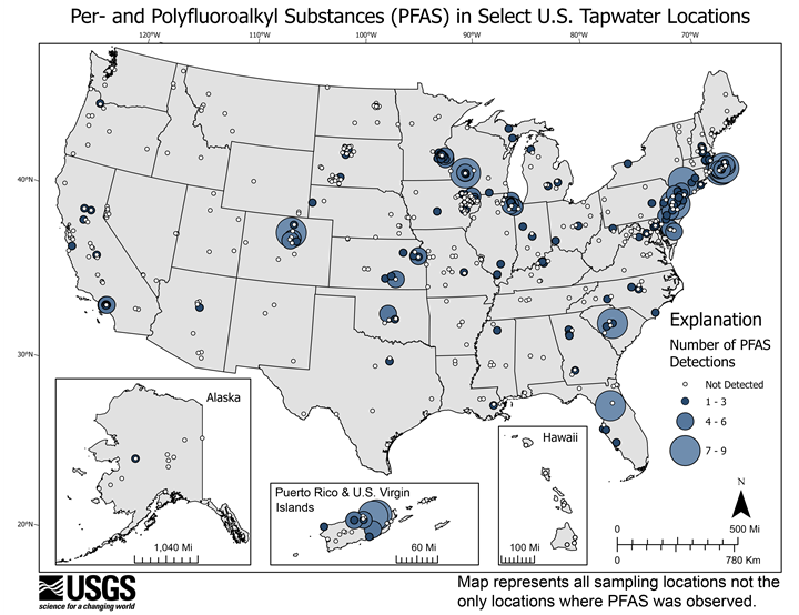 Map of the US showing levels of PFAS chemicals in water systems in recent testing