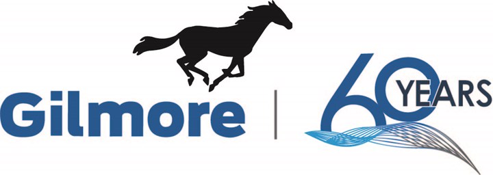Image of blue Gilmore logo with running horse and the words 60 years after it.
