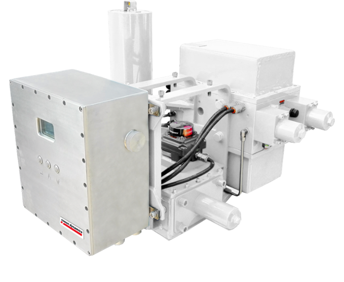 Image of Cowan Dynamics Series E2H90 electrohydraulic actuator made of mostly white components. 