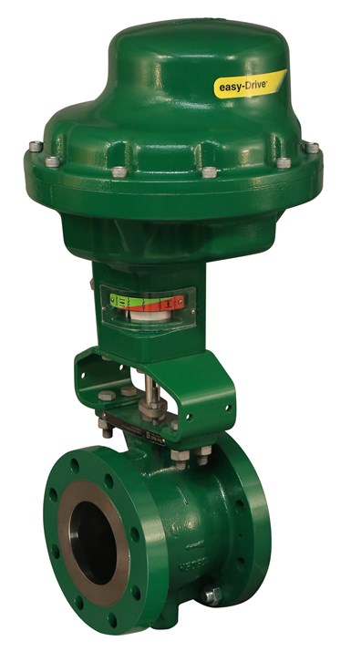 Image of large electric actuator from Emerson painted in Fisher green with easy drive label and flange connections