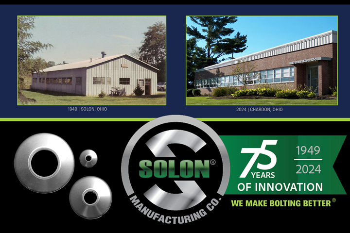 Image of original building housing Solon Mfg. Co. and the facility the company is in today, with company 75 anniversary logo and images of its patented Belleville washers
