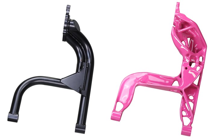 The rear swing arm went from 11-piece steel weldment to a 1-piece cast aluminum part