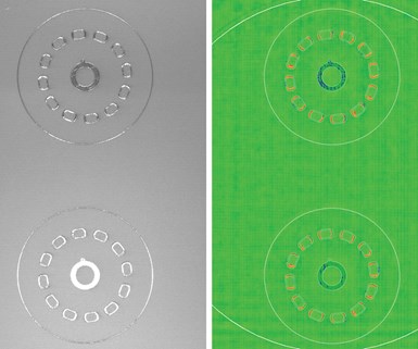 photograph of a layer of an AM build and software’s rendering of that same layer based on its interpretation of height mapping data