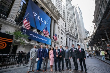 The Velo3D team in front of the New York Stock Exchange.