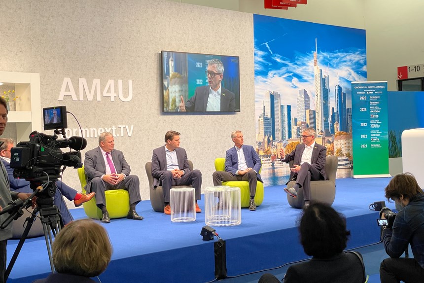 left to right, are Rick Kline, president of Gardner Business Media; Konstantin von Vieregge, president and CEO of Messe Frankfurt USA; Doug Woods, president of AMT – The Association For Manufacturing Technology; and Sascha Wenzler, vice president of Formnext.