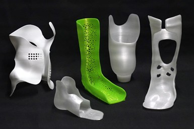 A photo of five different orthopedic aids made possible through 3D-printed polypropylene