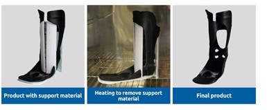 Three photos showing a custom, 3D printed leg splint with the support material, in a furnace to remove the support material, and by itself.
