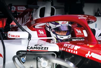 Camozzi branding is featured on the sidepod air inlets on the Alfa Romeo C42 car driven by Zhou Guanyu. Photo Credit: Camozzi Group