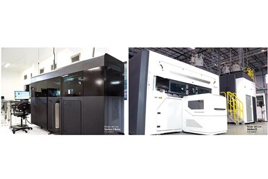 The evolution of GE Additive’s binder jet technology shown with Series 2 (left) and Series 3 (right). Photo Credit: GE Additive