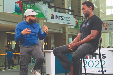 (left to right) Andrew Crowe, founder, New American Renaissance Tour, and Onome Scott-Emuakpor, aerospace engineer at the USAF Research Laboratory, discuss “The Struggle and The Progress of Minority Business Founders.” Watch on IMTS+ at gbm.media/IMTSplus-minoritybiz