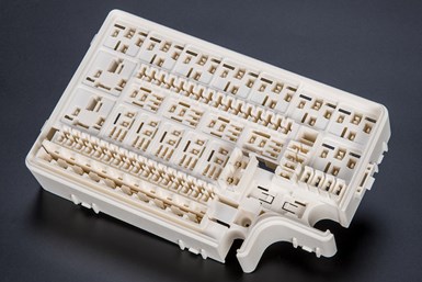 Fuse box made of polybutylene terephthalate from Covestro, produced by laser sintering on a Farsoon machine. Photo Credit: Covestro